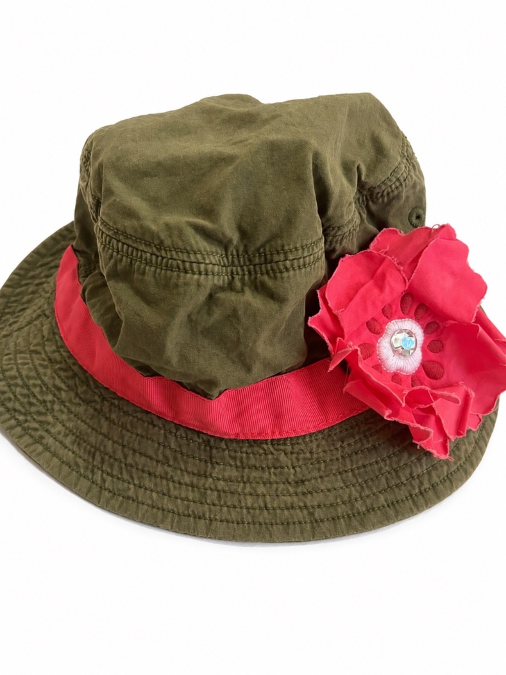Gymboree Olive Green Bucket Hat with Pink Flower Accent